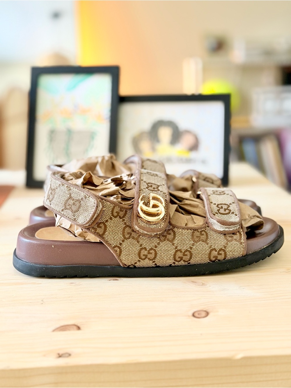 Gucci Brown GG Sandals with Gold Double G - Picture 3 of 5